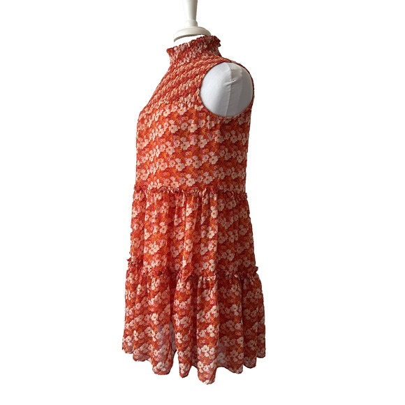 Taylor Women’s XS Boho Sheer Tiered Ruffle Floral Smocked High Neck Mini Dress - Picture 2 of 9